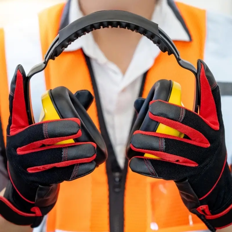 man in orange hi vis with noise cancelling headphones